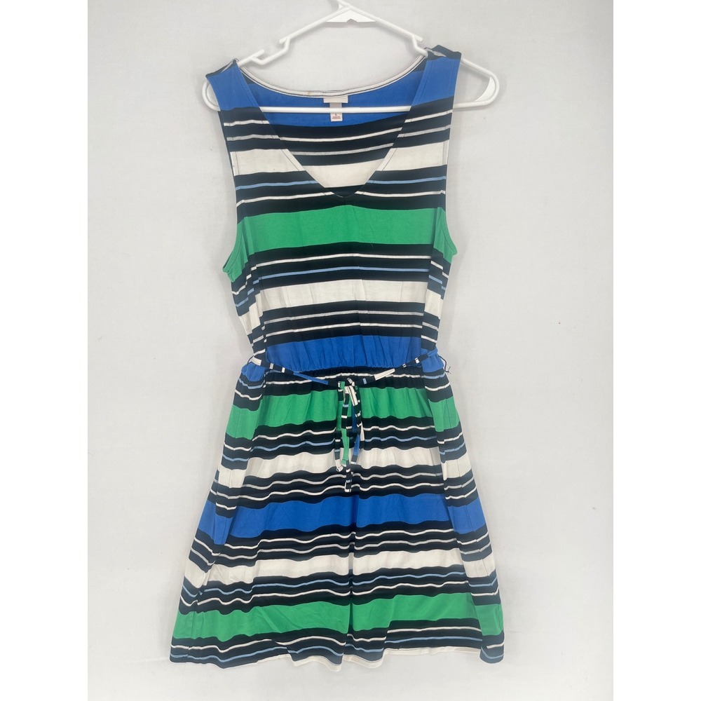 Merona Womens Large Stripe Sleeveless V-Neck Knit Dress Blue Green Black L